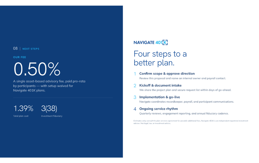 Proposal page summarizing recommended fee, savings and fiduciary scope in four steps