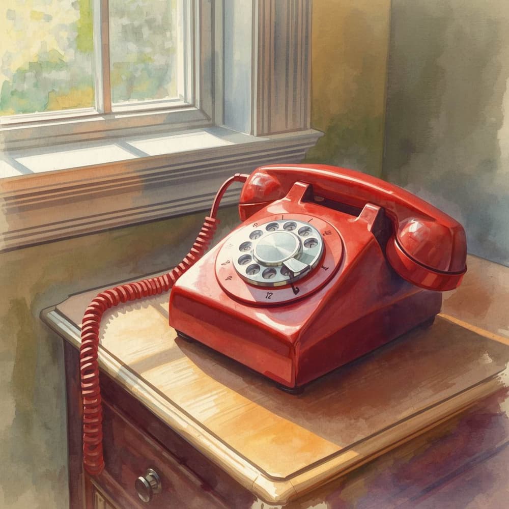 Watercolor painting of a red rotary dial telephone on a side table